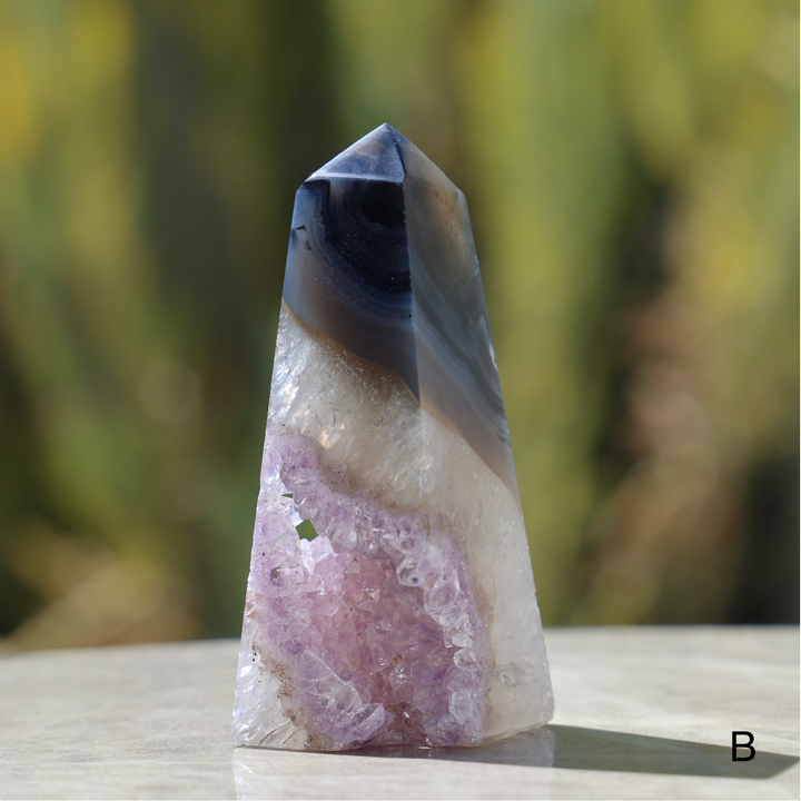 'Cassandra' Druzy Amethyst with Blue Agate Stone Obelisk