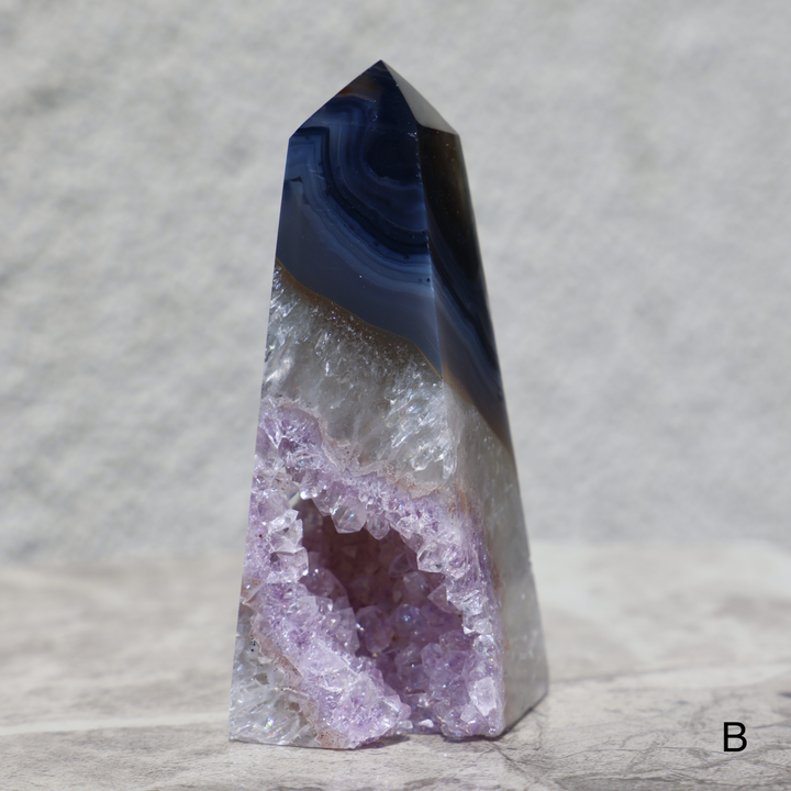 'Cassandra' Druzy Amethyst with Blue Agate Stone Obelisk