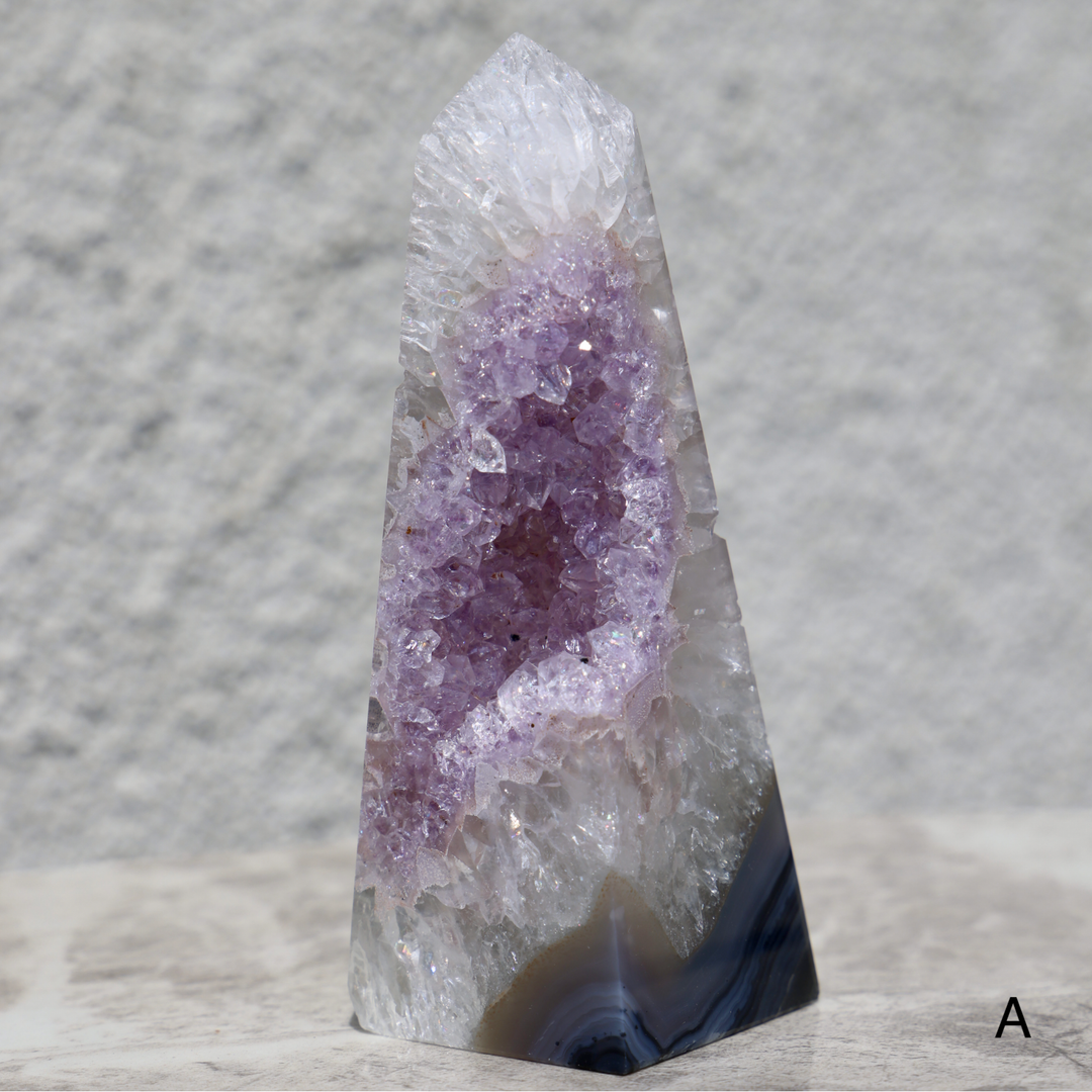 'Cassandra' Druzy Amethyst with Blue Agate Stone Obelisk