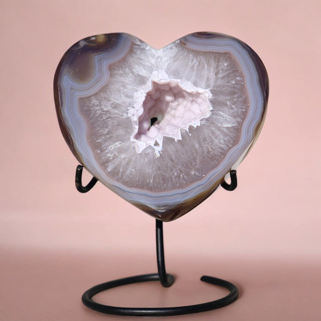 'Chocolate' Druzy Agate Stone Heart with Stand