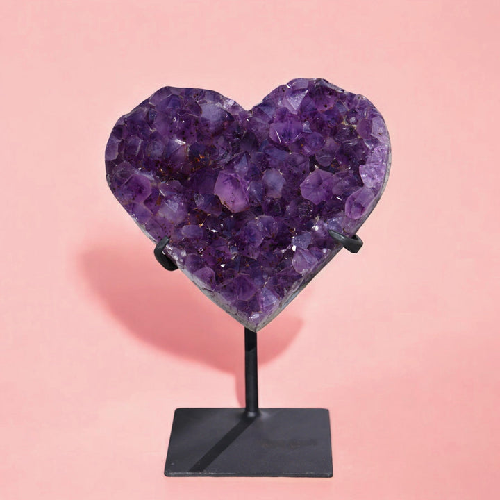 'GOLDEN HEARTBEAT' High Quality Amethyst Heart with Golden Rutile on Stand