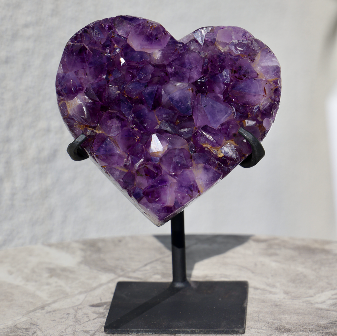 'GOLDEN HEARTBEAT' High Quality Amethyst Heart with Golden Rutile on Stand