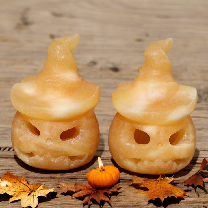 Hand-carved Yellow Calcite Pumpkin Ghost