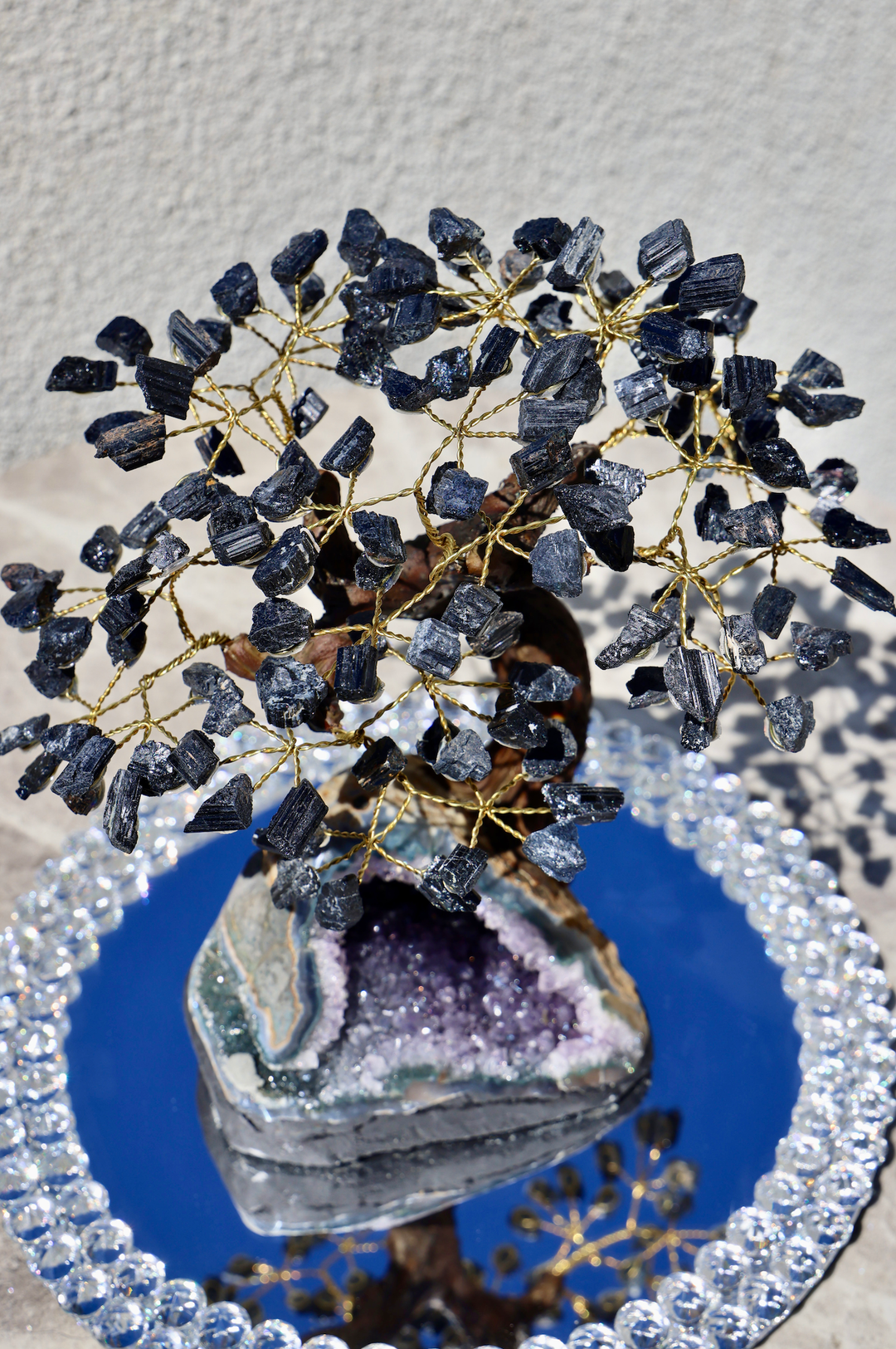 Handmade Black Tourmaline Tree with Amethyst Cathedral Base - Large