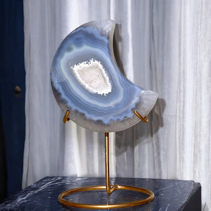 'MISTY' Blue Druzy Agate Moon with Stand