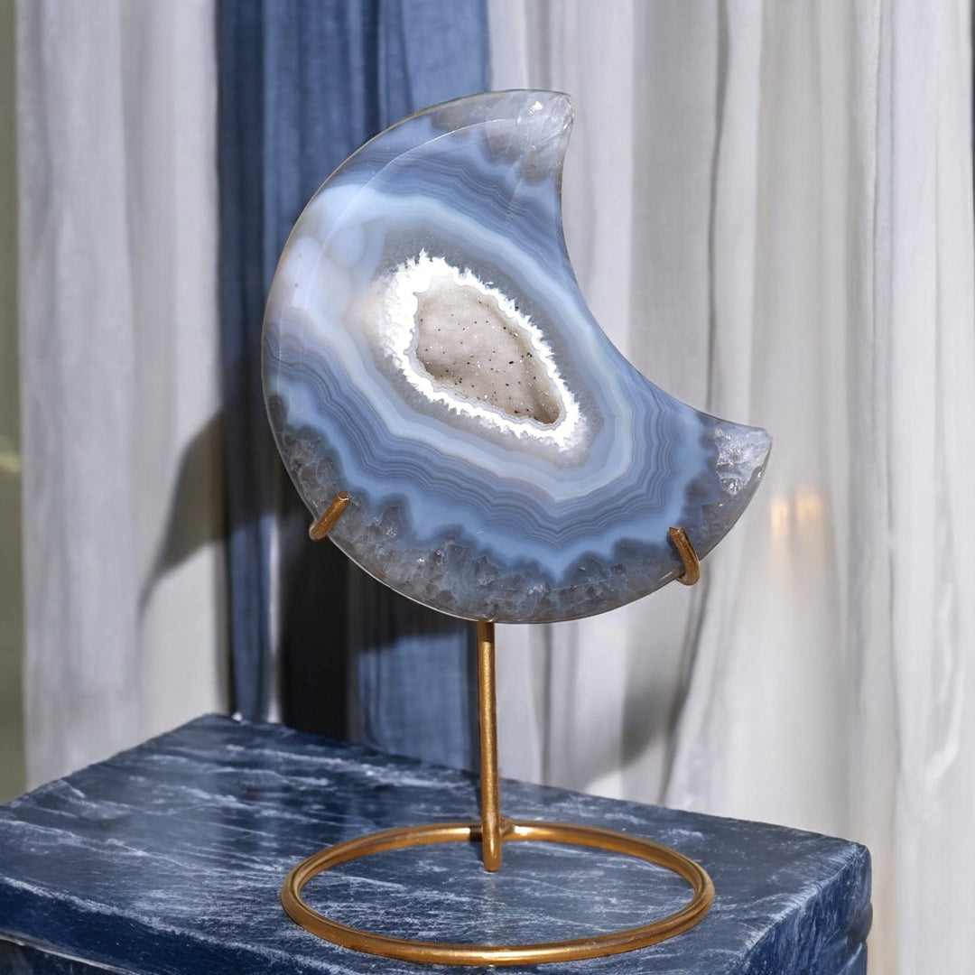 'MISTY' Blue Druzy Agate Moon with Stand