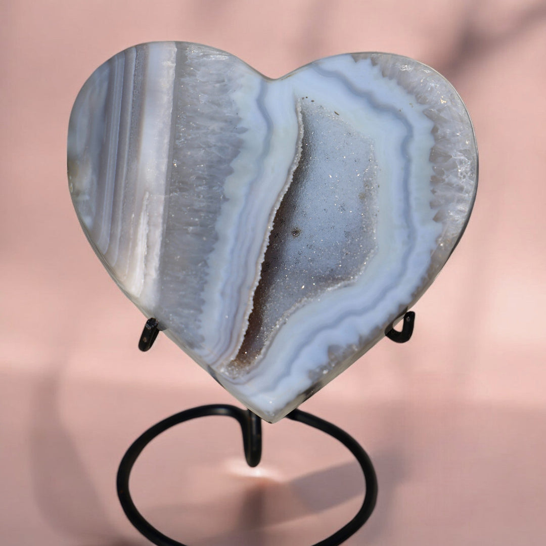 'Misty' Druzy Blue Agate Heart with Stand