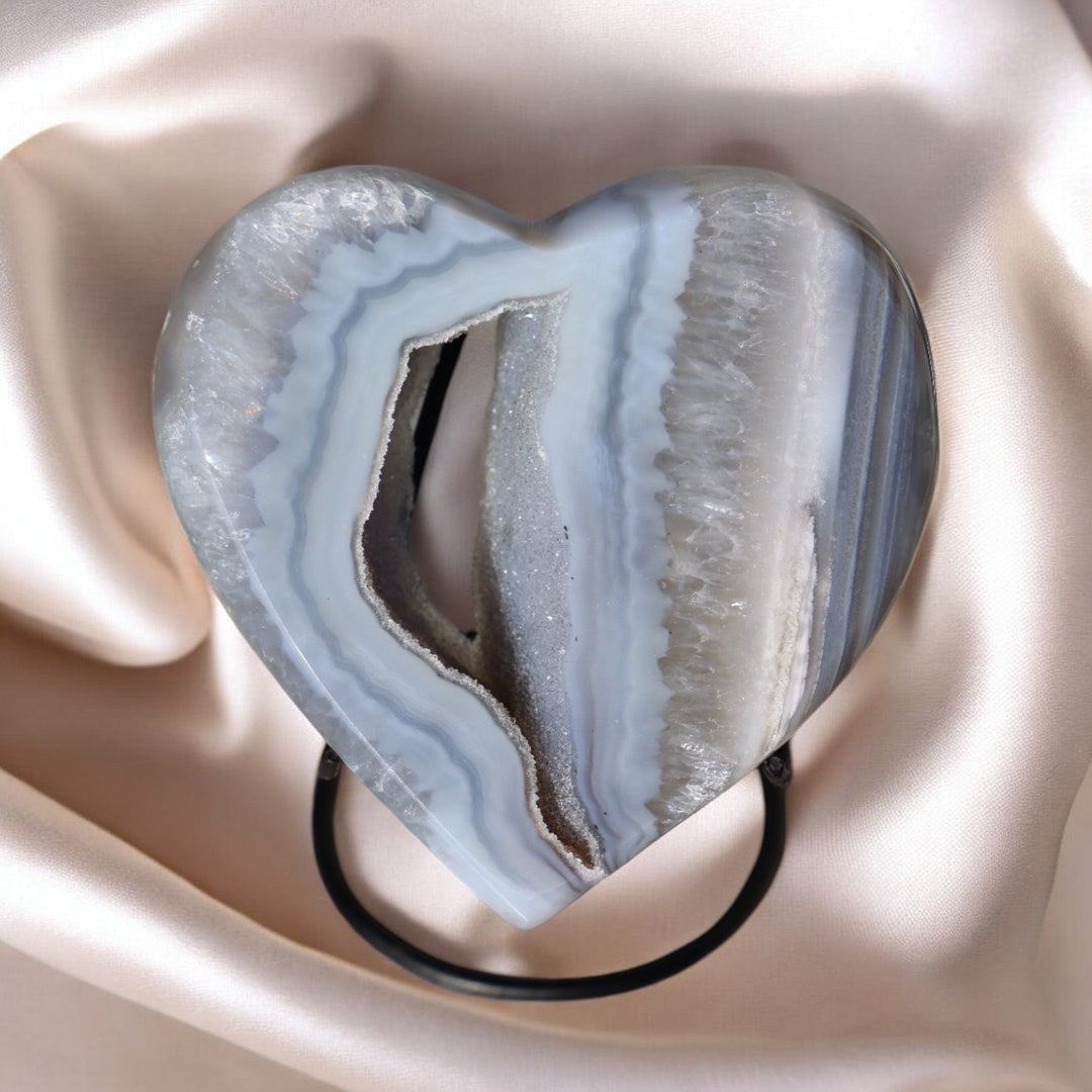 'Misty' Druzy Blue Agate Heart with Stand