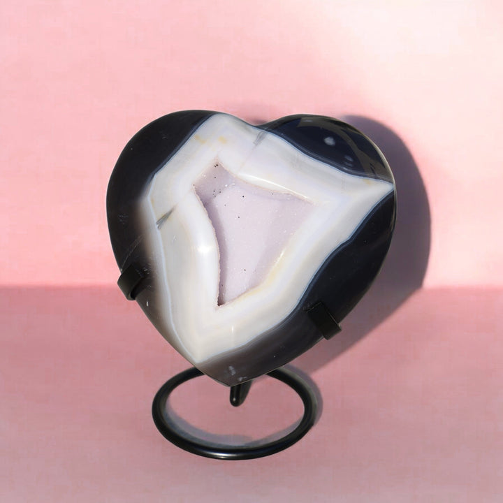 'Noir' Druzy Black Agate Heart with Stand