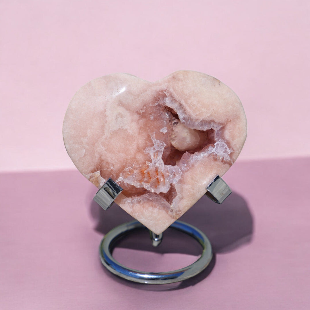 'PASTEL' Pink Amethyst x Flower Agate Heart with Stand -  XS