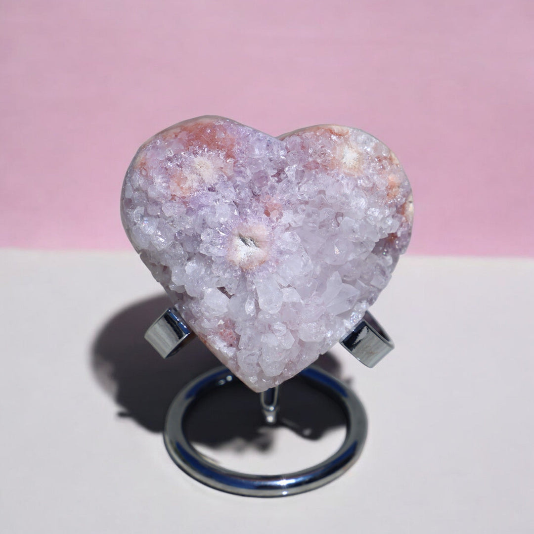 'PASTEL' Pink Amethyst x Flower Agate Heart with Stand -  XS