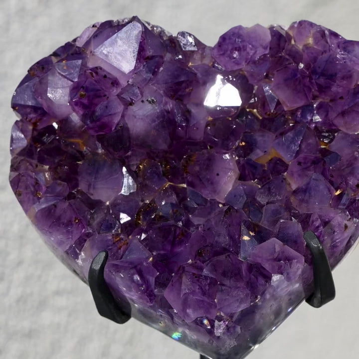 'GOLDEN HEARTBEAT' High Quality Amethyst Heart with Golden Rutile on Stand