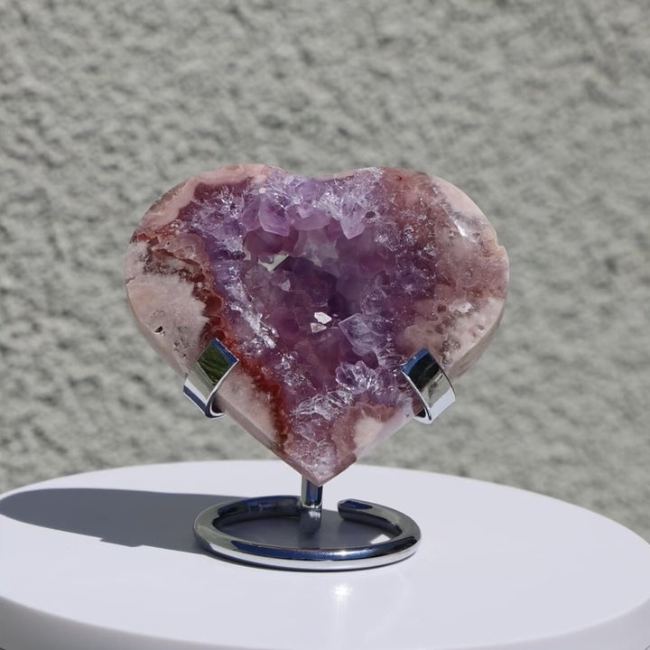 'PASTEL' Pink Amethyst x Flower Agate Heart with Stand -  XS