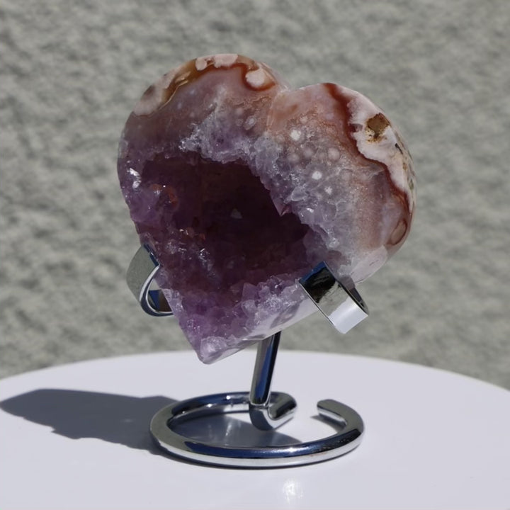 'PASTEL' Pink Amethyst x Flower Agate Heart with Stand -  XS