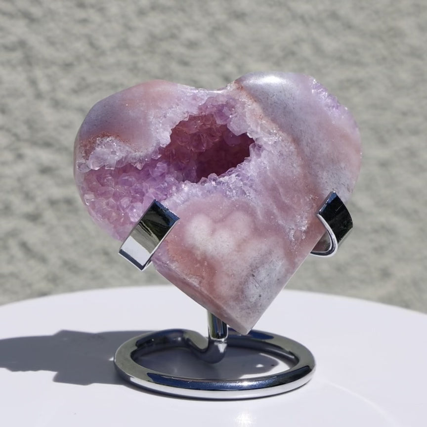 'PASTEL' Pink Amethyst x Flower Agate Heart with Stand -  XS