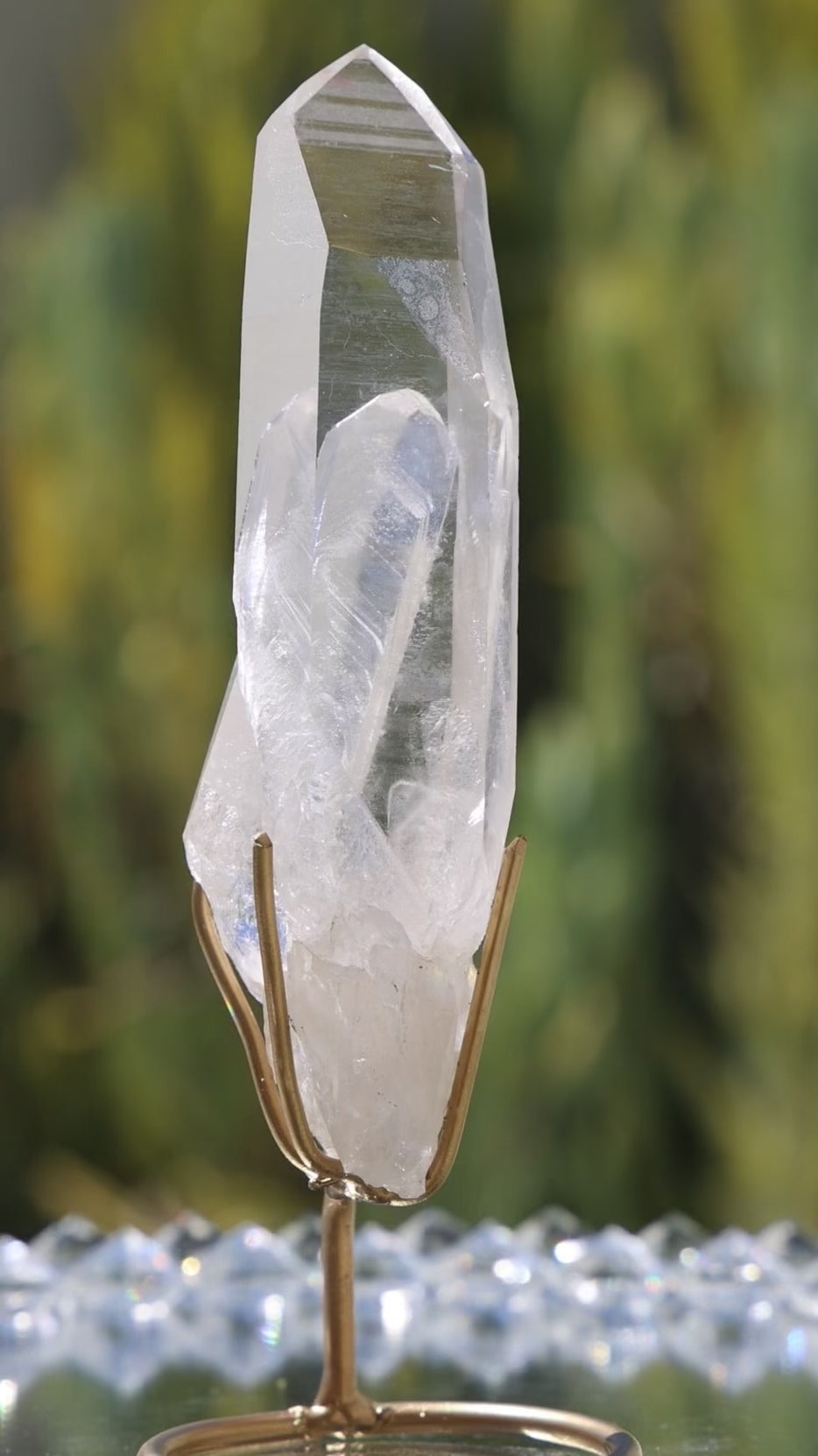 'Powerhouse' Manifestation Clear Lemurian Quartz on Stand