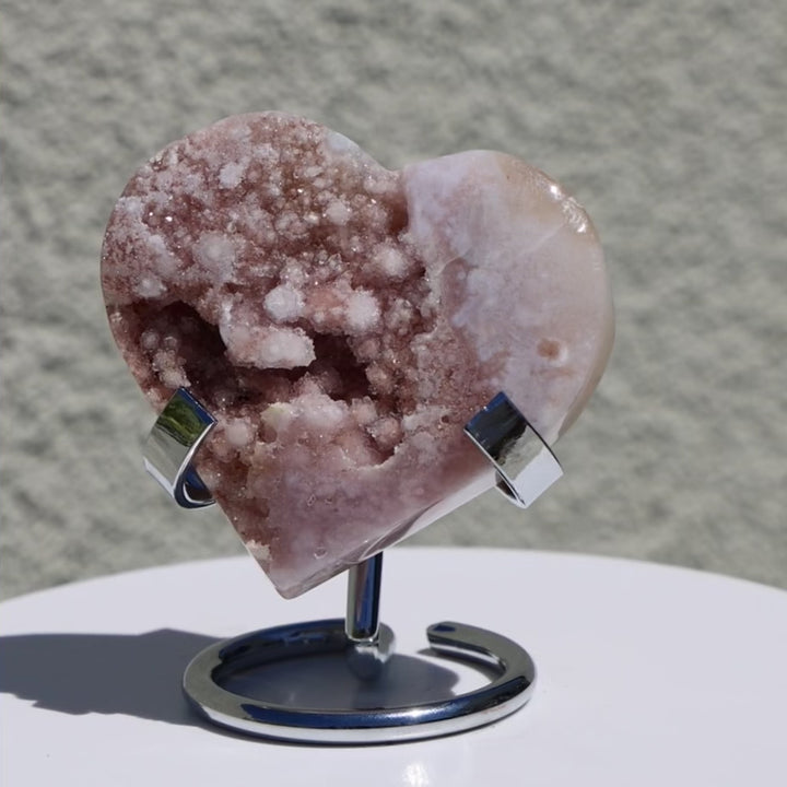 'PASTEL' Pink Amethyst x Flower Agate Heart with Stand -  XS