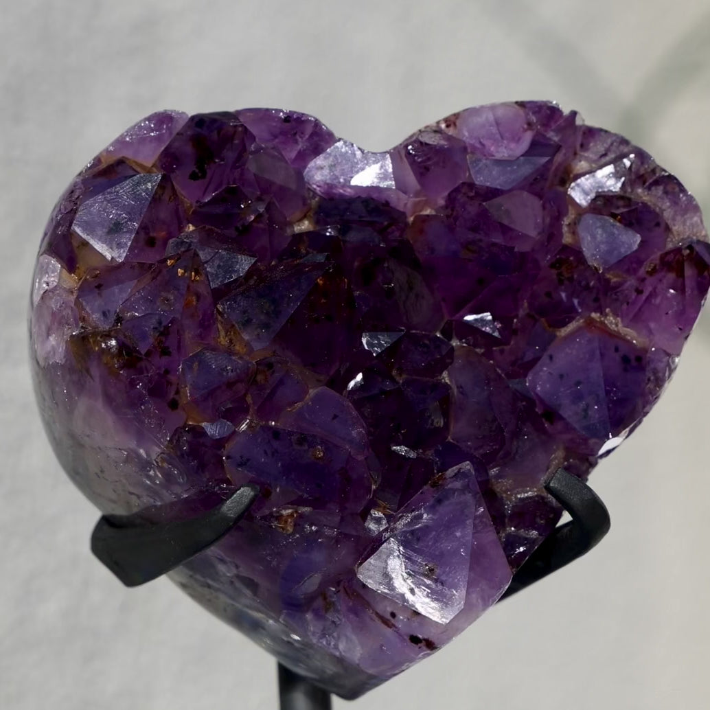 'GOLDEN HEARTBEAT' High Quality Amethyst Heart with Golden Rutile on Stand