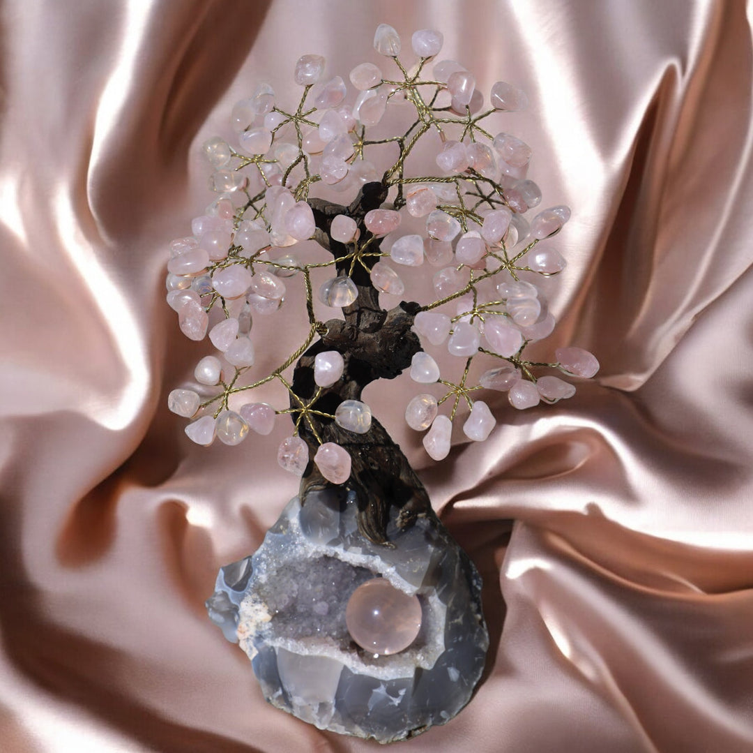 Handmade Rose Quartz Tree with Druzy Agate Base - Large - Enchantia Muse