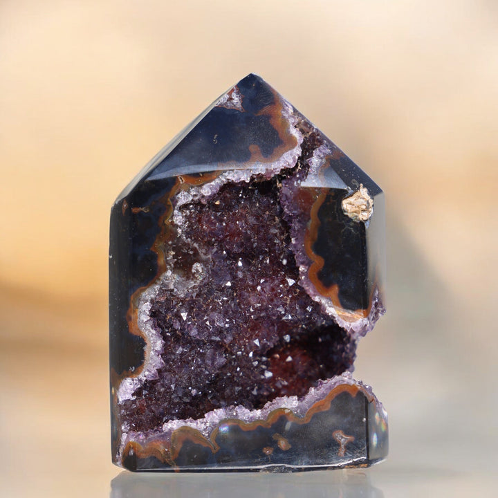 Rare Druzy Black Agate Amethyst Tower