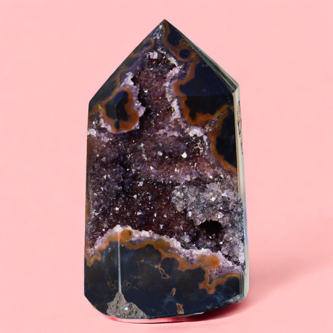 Rare Druzy Black Agate Amethyst Tower