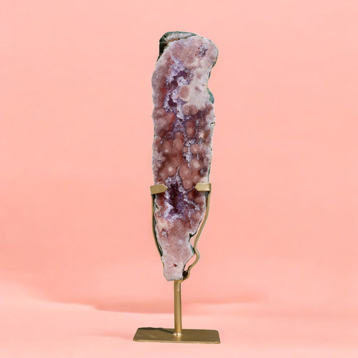 'Roseluxe' Natural Pink Amethyst Slab on Stand - L