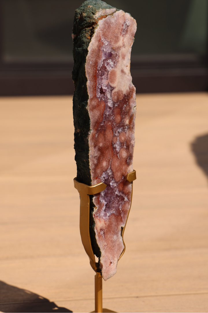 'Roseluxe' Natural Pink Amethyst Slab on Stand - L