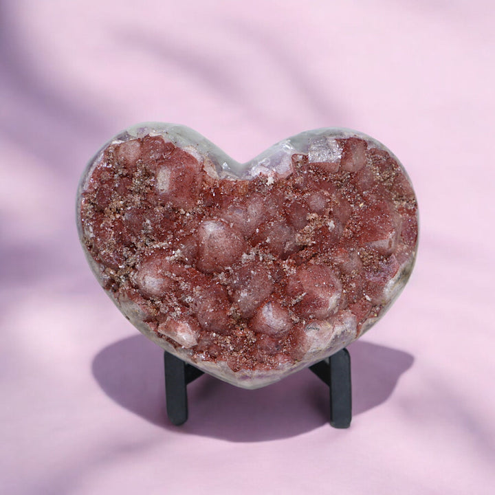 'SUGARBERRY' Natural Sugar Druzy Pink Amethyst Heart with Stand - L